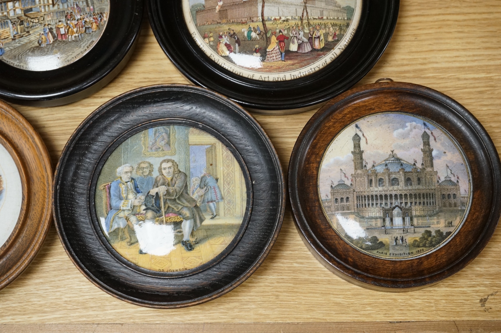 A collection of eleven framed pot lids, including one of the Chrystal Palace; The Grand International Building of 1851, For The Exhibition of Art and Industry of all Nations, Crystal Palace pot lid 12.5cm diameter not in